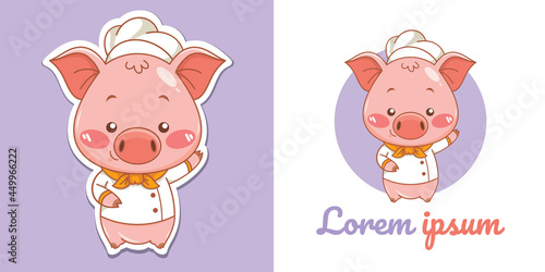 Cute pig chef cartoon character mascot