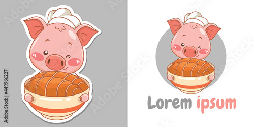 cute chef pig cartoon character presenting Crispy Pork Belly food - mascot and illustration