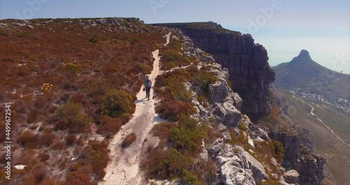Aerial of Man and Baby Walking on Top of Table Mountain, Cape Town, South Africa