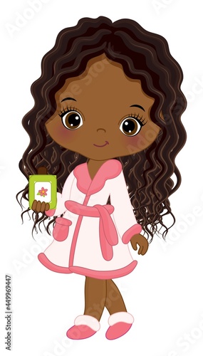 Vector Little African American Wearing Spa Robe after Shower. Vector Spa Girl