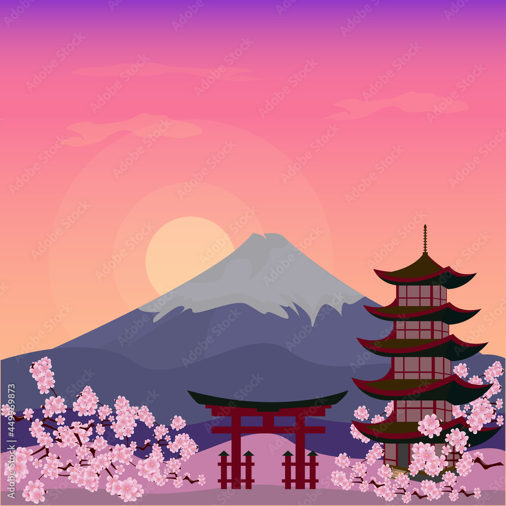 Fototapeta premium Mountain Fuji Japan Sakura View Landscape Travel Place ilustration Vector