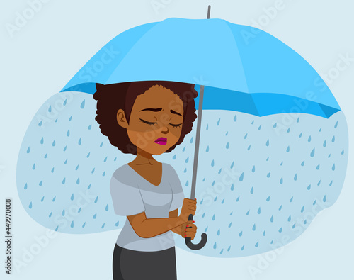 Young black woman depressed under raining umbrella depression concept