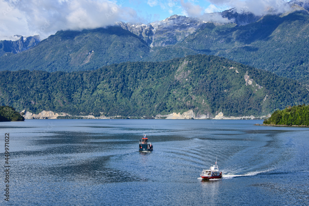 The Puyuhuapi fiord in the Ventisquero Sound in front of the Carretera Austral, Patagonia, Aysen, Chile
