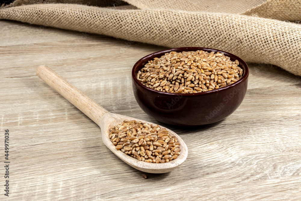 whole wheat grains in a wooden spoon and a ceramic bowl on a wooden table in Brazil whole wheat grains in a wooden spoon and a ceramic bowl on a wooden table in Brazil
