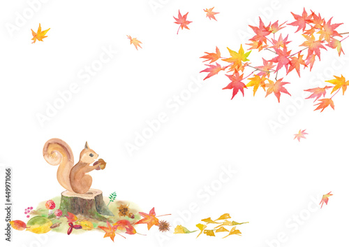 秋の森のフレームデザイン。どんぐりを持ったリスと紅葉の水彩イラスト。（ベクター）