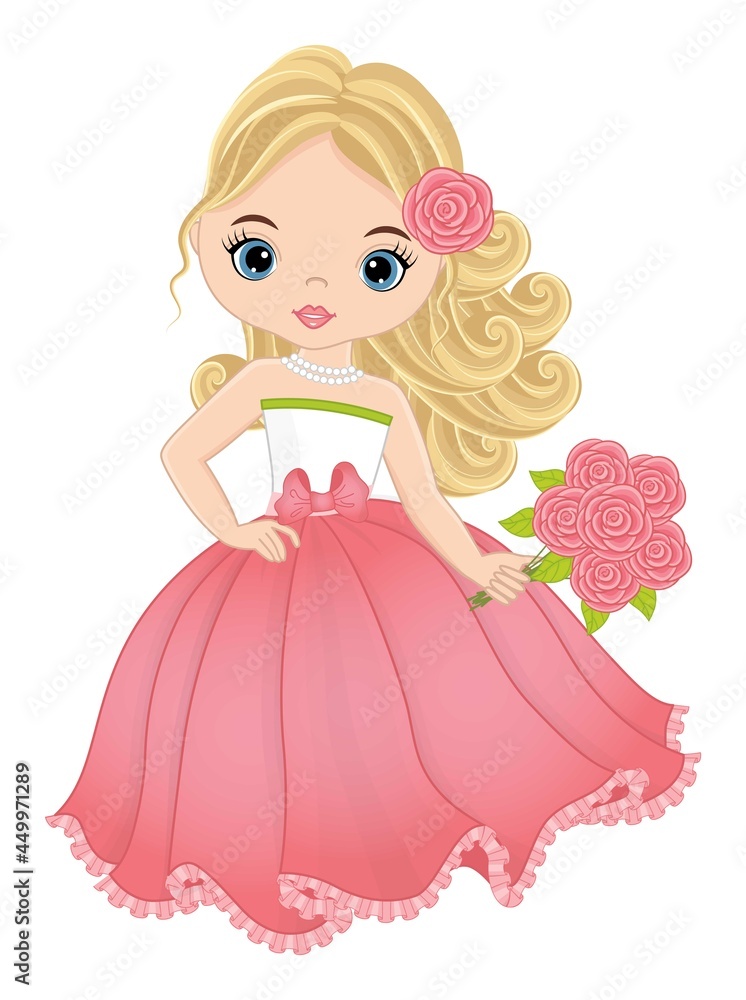 Vector Beautiful Girl in Pastel Pink Long Dress with Roses Vector Beautiful Girl in Pastel Pink Long Dress with Roses