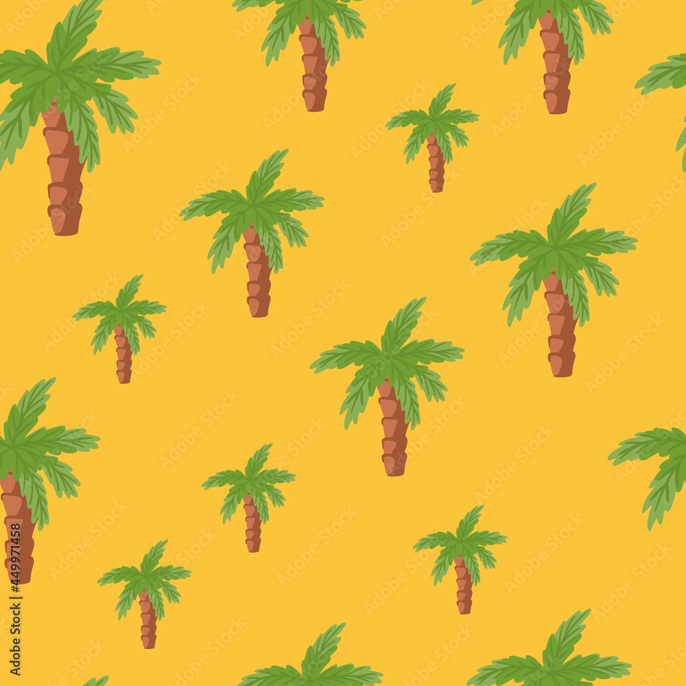 Random green palm tree elements seamless doodle pattern. Orange background. Minimalistic style.