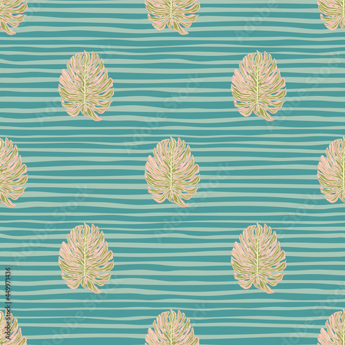 Pink doodle monstera leaves seamless pattern in tropic style. Blue striped bright background.
