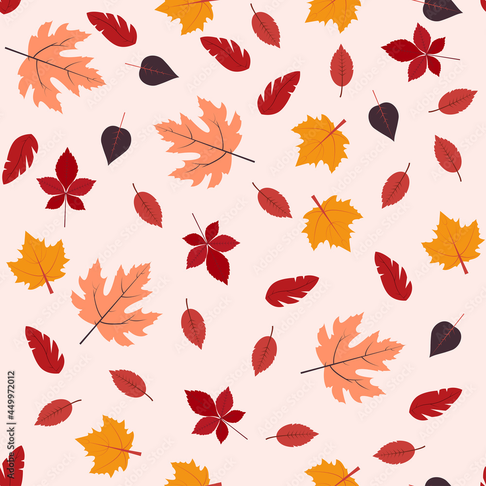 Autumn leaves seamless pattern Vector illustration in flat design Red, orange, yellow and brown leaves on light pink background