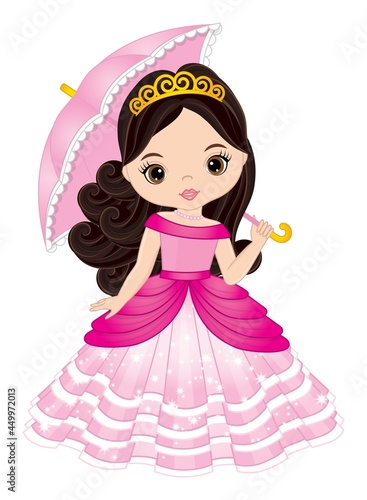 Vector Beautiful Princess Wearing Pink Dress and Tiara and Holding Umbrella. Vector Princess