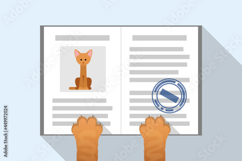 Pet passport is in paws of ginger cat, veterinary document