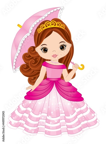 Vector Beautiful Princess Wearing Pink Dress and Tiara and Holding Umbrella. Vector Princess