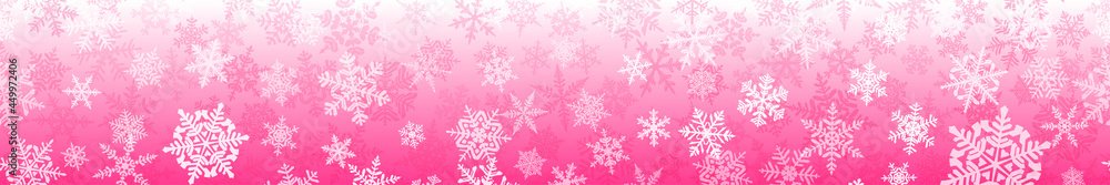 Banner of complex Christmas snowflakes with seamless horizontal repetition, in pink colors. Winter background with falling snow