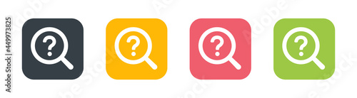 Magnifying glass and question mark icon set. Symbol of search, help, information, doubt.