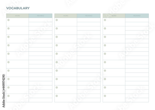 Note, scheduler, diary, calendar planner document template illustration. vocabulary form.