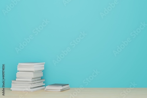 Empty mint green wall with book on the floor. 3d rendering.