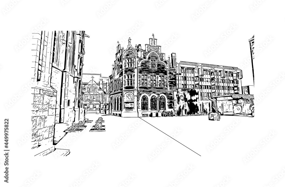 Obraz premium Building view with landmark of Halle is a city in central Germany. Hand drawn sketch illustration in vector.