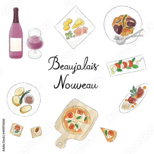 ワインとイタリアンの手描きイラストセット