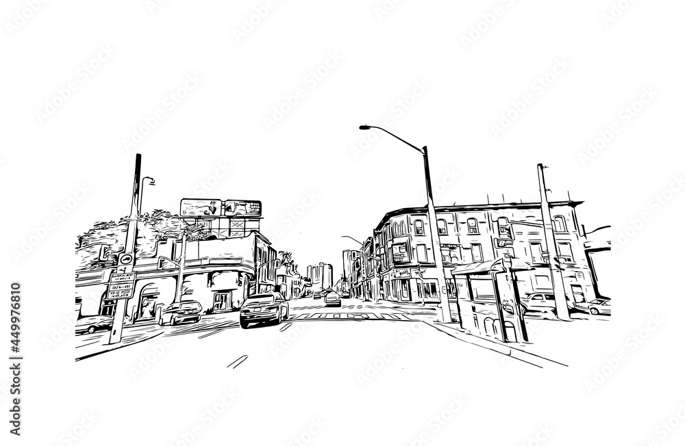 Obraz premium Building view with landmark of Hamilton is the capital city of Bermuda. Hand drawn sketch illustration in vector.