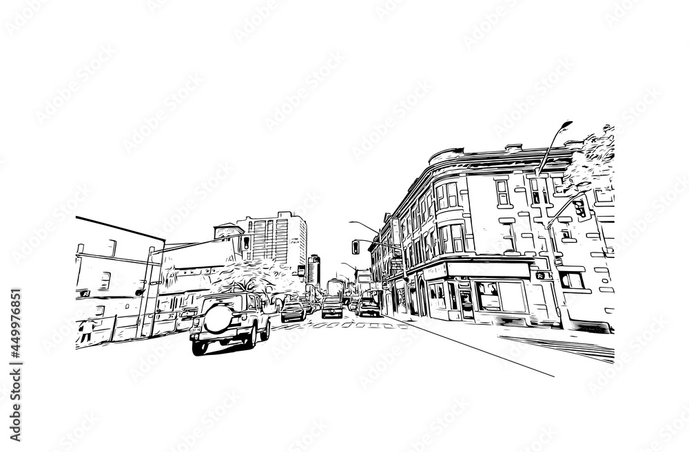 Building view with landmark of Hamilton is the capital city of Bermuda. Hand drawn sketch illustration in vector.
