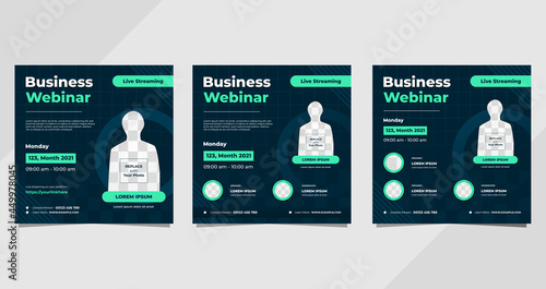 Collection of business webinar social media post templates on navy blue and green background with circle frame