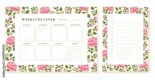Set of printable floral weekly planner, note, memo vector template with rose, peony flowers, botanical leaf elements for school scheduler, seasonal events, reminder, bullet journal, journaling