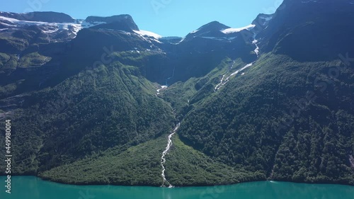 Melting glacier - Glacier river streaming from edge of icecap and down to turquoise lake Lovatnet in Loen Nordfjord Norway - Glacier Senlenske is an arm of Jostedal Glacier in Sogn Vestland photo