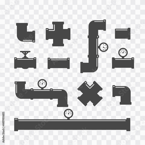 Pipe fittings vector icons set. Tube industry, construction pipeline, drain system