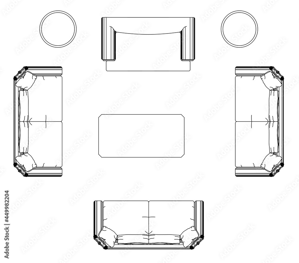 2D CAD plan drawing various sizes and designs of sofa set complete with coffee table. Drawings come in black and white. The drawing is normally drawn by an architect or interior designer. 
