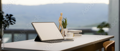 Portable tablet mockup on outdoor working table, 3d rendering