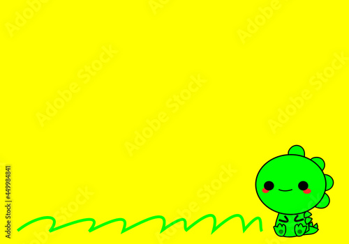 A cute green dinosaur on a yellow background, leaving some blank space for writing advertisements.
