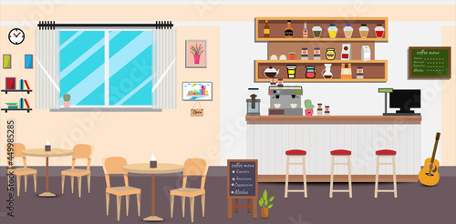 Coffee shop.Empty Cafe bar counter for serving coffee with cash box and menu board.sweet desserts,wooden counter, stools,sofas,Vector Coffee Shop and Cafe concept.