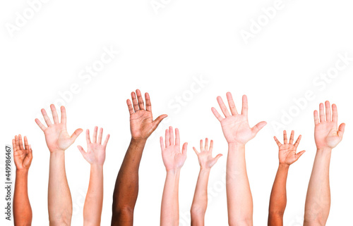 Diverse group of raised hands