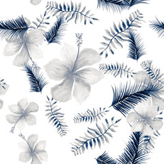 Papier peint photo Plumes aquarelles patrons Motif botanique tropical bleu indigo  © Surendra
