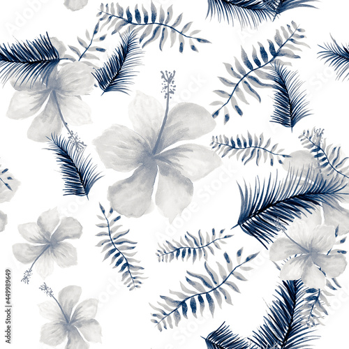 Graue nahtlose botanische. Navy-Muster Art.-Nr. Blaue tropische Palme. Kobaltfeder-Kunst. Indigo-Dekorationsblätter. Textil zeichnen. Aquarellkunst.
