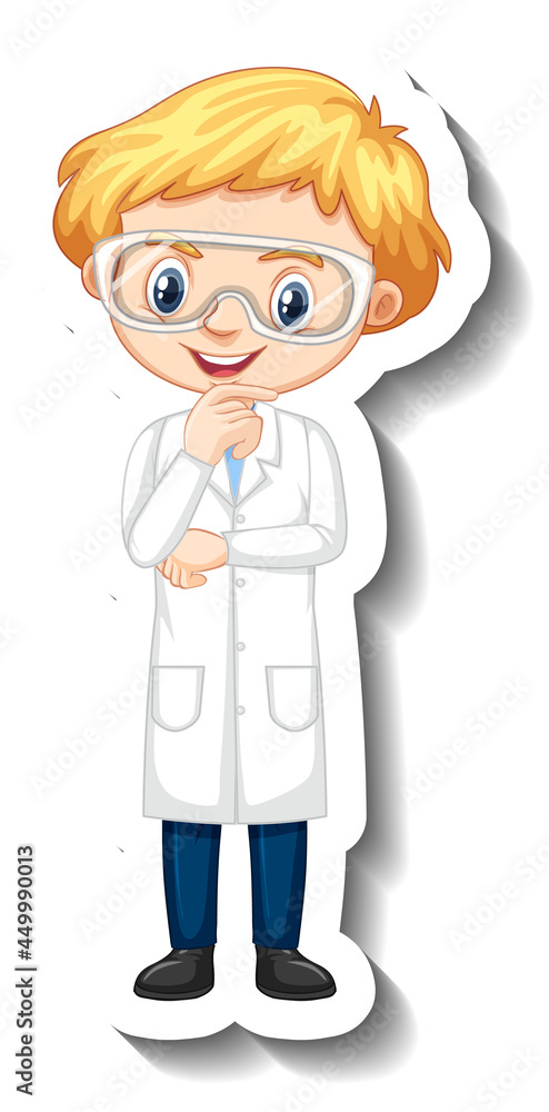 Cartoon character sticker with a boy in science gown Cartoon character sticker with a boy in science gown