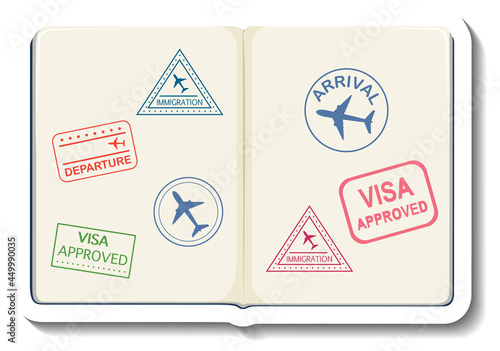 Opened passport with visa stamp cartoon sticker