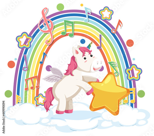 Unicorn standing on cloud with rainbow and melody symbol