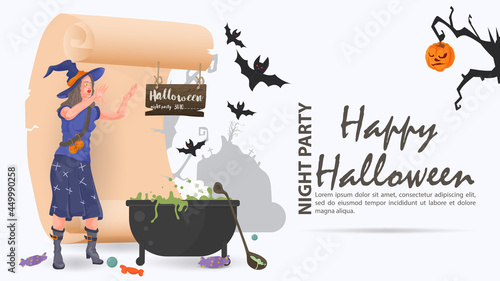a witch conjures over a cauldron with a potion flat vector illustration for the Halloween holiday background is isolated