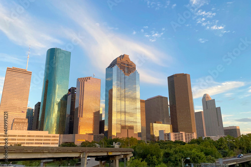 Houston downtown skyline at the golden hour of the evening. © Liana Lopez