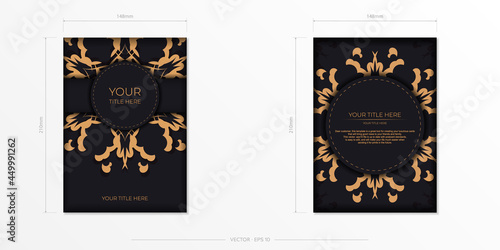 Set of Preparing postcards in black with Indian patterns. Vector Template for print design of invitation card with mandala ornament.