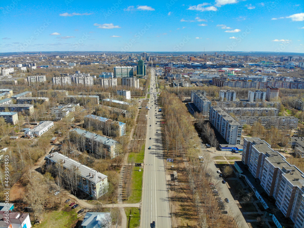 Aerial view of Moskovskaya street in spring (Kirov, Russia)