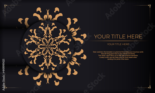 Black background with Indian vintage ornaments and place under the text. Print-ready invitation design with mandala ornament.