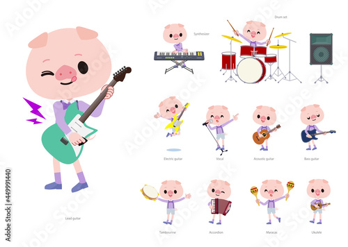 ロックンロールやポップミュージックを演奏するブタの男の子のセット