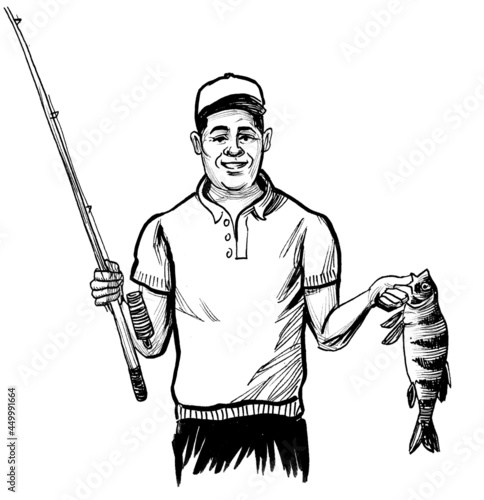 Happy man holding fishing rod and caught fish. Ink black and white drawing