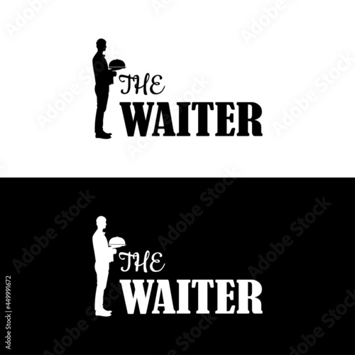 waiter holding serving dish silhouette black and white logotype logo design