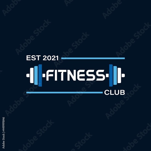 Fitness Logo Badge with sports equipment. Labels in vintage style with kettlebell and barbell silhouette symbols