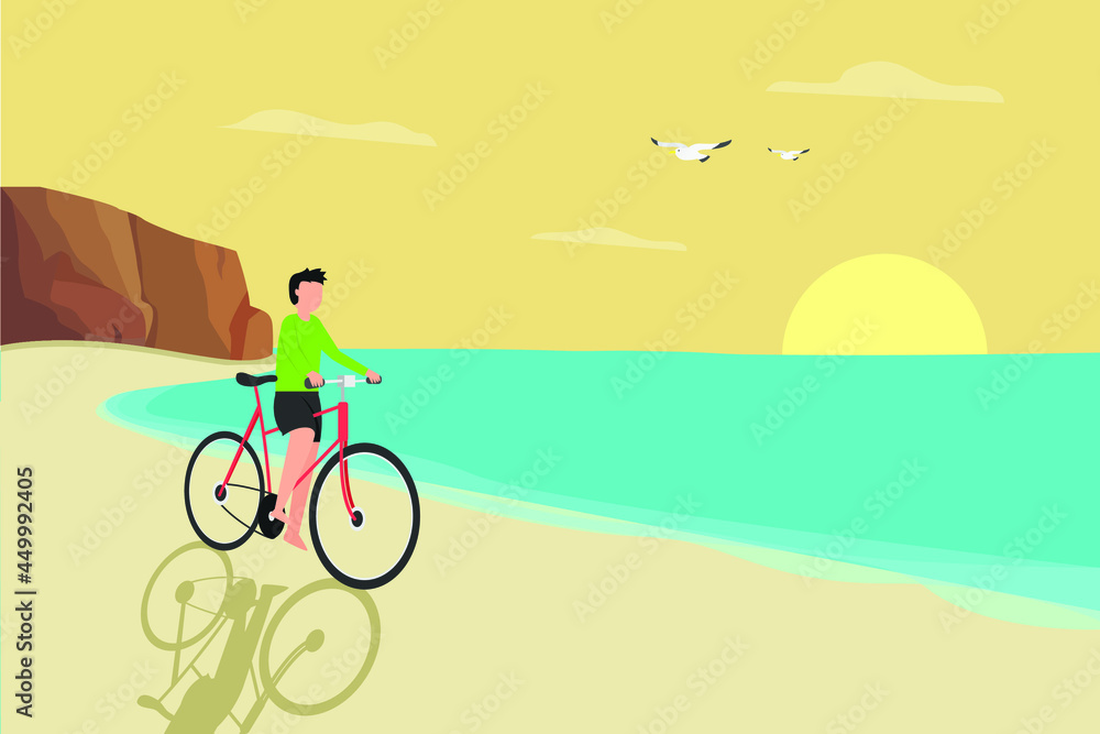 Fototapeta premium Holiday time vector concept: Young man cycling in the beach while enjoying holiday time