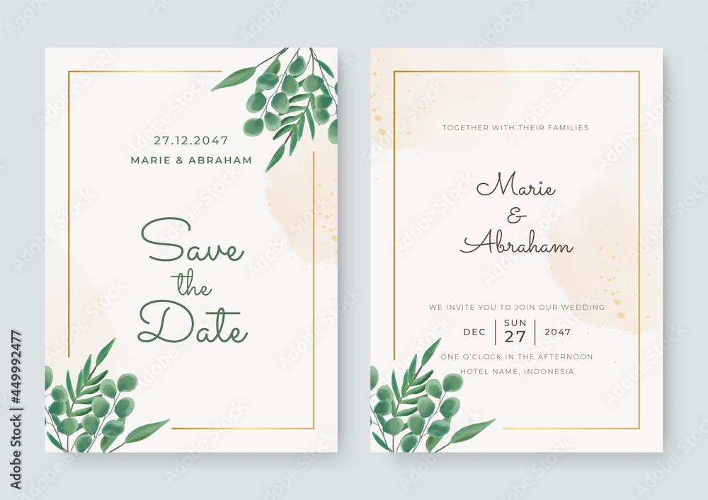 Wedding invitation set with abstract and green leaves flower watercolor background