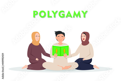 Polygamy vector concept: Young man reading the book while sitting with his two wives together